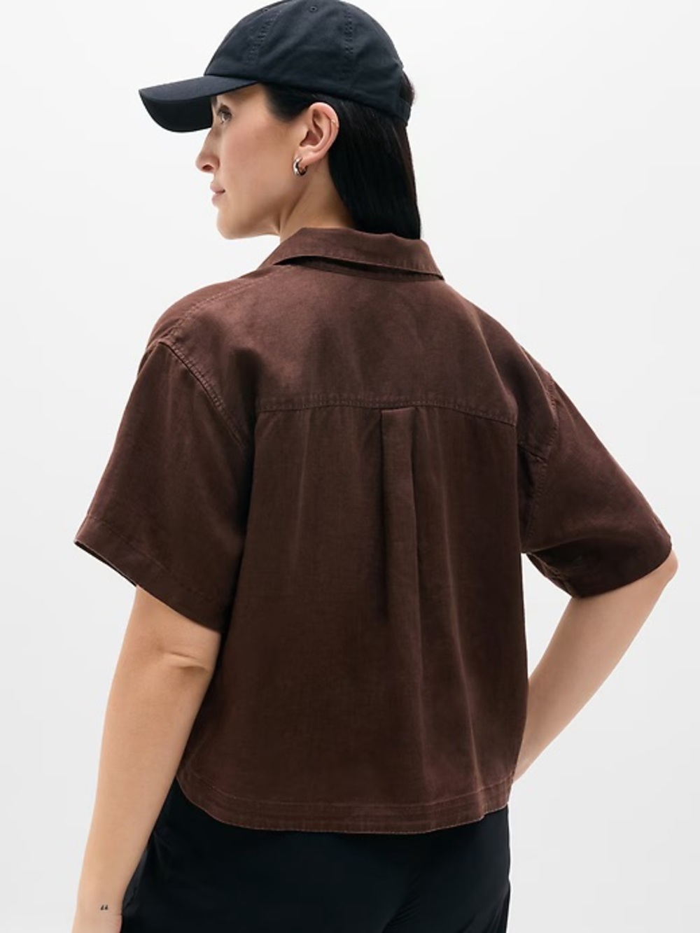 Athleta Retreat Linen Short Sleeve Shirt Boxy Fit Woodland Brown 100% Linen XS - Picture 3 of 7